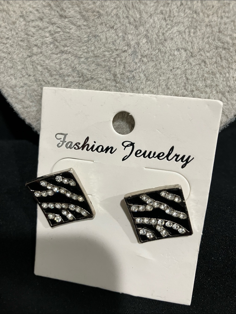 Fashion Jewelry Black and Clear Rhinestone Zebra Stripe Stud Earrings